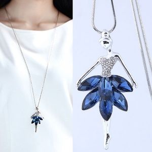 Ballerina Dancer Pendant Necklace Silver Rhinestone Blue NWT